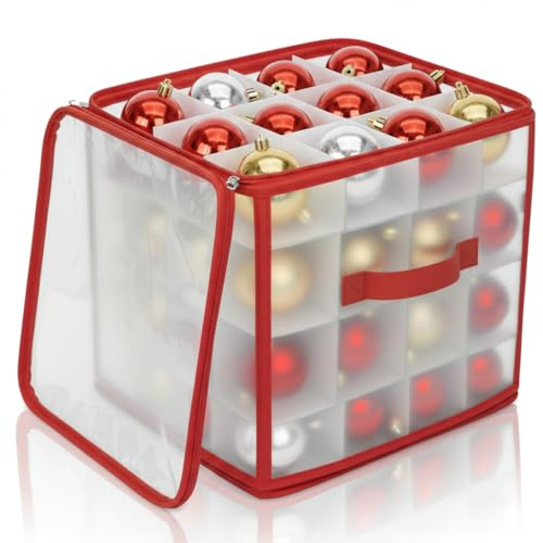 JUTAWAV Aufbewahrungsbox für 64 Weihnachtskugeln – Faltbare Aufbewahrungstasche für Weihnachtsschmuck – Verstellbare Trennwände & Griffe – Staubdichte Dekobox für Christbaumschmuck, 32x32x33cm