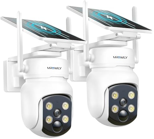 Mrowly 2PCS Camara Vigilancia WiFi Exterior Solar 2 en 1 | 4MP/2.5K Camara sin Cables, 360° Cobertura, Fácil Instalación, 2.4/5 GHz WiFi, Visión Nocturna en Color, PIR, SD/Nube