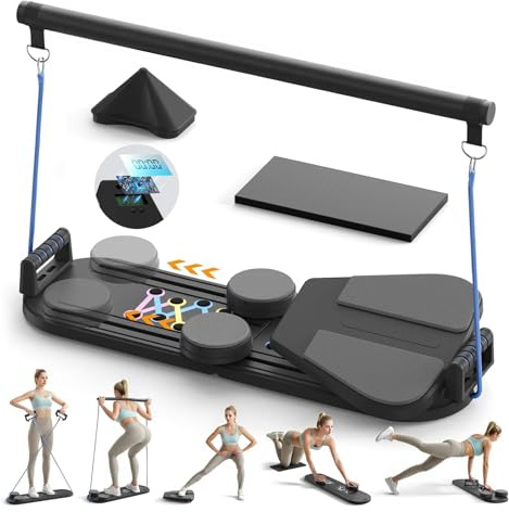 6 IN 1 máquina de Pilates Reformer para, con Rodillo Abdominal de Rebote Automático y Contador, Tabla Multifuncional de Entrenamiento con Cuerda de Tensión para Gimnasio en Casa y Cuerpo Completo