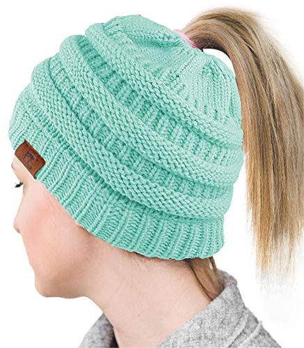 xwanli Damen Mädchen Mütze mit Loch für Pferdeschwanz | Gestrickte Strickmütze Wintermütze mit Zöpfen Loch