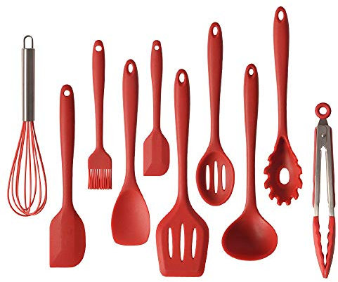 Juego De Utensilios De Cocina De Silicona, 10 Piezas De Utensilios De Cocina De Silicona Antiadherentes Y Antiadherentes Con Un Sólido Kit De Herramientas De Cocina De Barbacoa De Núcleo（Rojo）