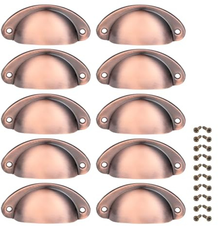 Yetaha Copper Cup Handles, 10PCS Cabinet Cup Pull Handle, Retro Shell Cup Handles, 82x35mm Vintage Kitchen Cupboard Pulls Furniture Knob with Screws Suitable for Drawer Dresser, Door (Red Copper)