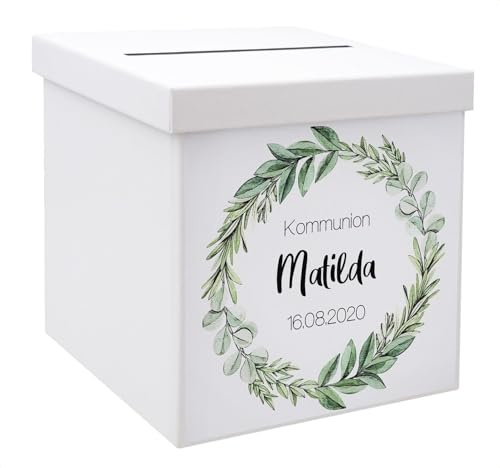 ZauberDeko Briefbox Kartenbox Kommunion Konfirmation Eukalyptus Blätterkranz Geburtstag Personalisiertes Geschenk