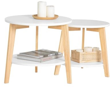 SoBuy Couchtisch 2er-Set – Platzsparende Runde Beistelltische, Wohnzimmertisch klein & groß, Weiß, FBT75-W