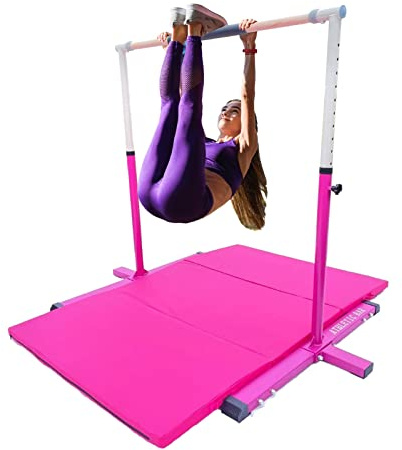 XDance Expandable Gymnastics Bar Kip Bar with 6'x4' Tumble Gymnastics Mat Set for Kids, Adjustable Height 3 to 5 FT Horizontal Bar Professional Junior Gymnast Gymnastic Bar Asymmetric Bar Pink