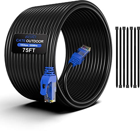 Cable Cat6 para exteriores - Cable Ethernet Cat 6 de 75 pies, CCA de 24 AWG, UTP (sin blindaje), impermeable, resistente a los rayos UV, entierro directo, red, Internet, LAN RJ45 con 25 bridas