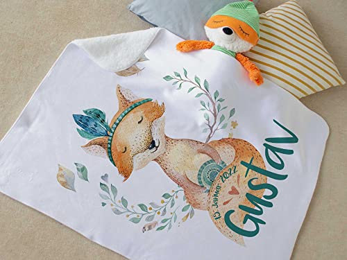 GRAZDesign Babydecke mit Namen, Kuscheldecke Fuchs, Junge und Mädchen, Baby Decke Neugeborenen Krabbeldecke - Fuchs mit Feder