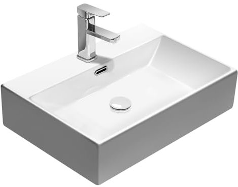 Waschbecken Bad 60 x 42 cm Breit Aufsatzwaschbecken mit Hahnloch und Überlauf, Hängewaschbecken Eckig- Klein Gäste WC Handwaschbecken Aufsatz Waschtisch Weiß