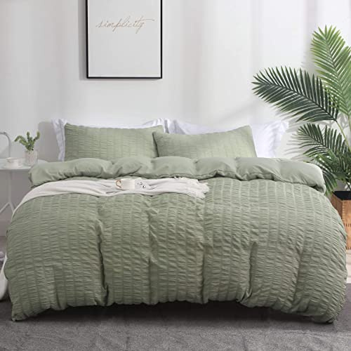 Boqingzhu Seersucker - Juego de ropa de cama (220 x 240 cm, transpirable, ligera, suave, reversible, funda nórdica de 220 x 240 cm y 2 fundas de almohada de 80 x 80 cm, con cremallera), color verde