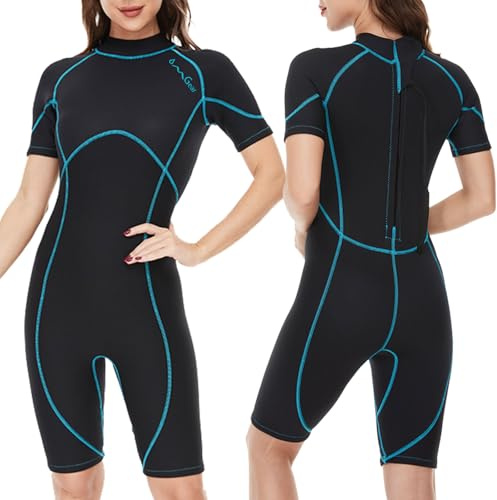 OMGear Wetsuit Women Men 3mm Neoprene Dive Wet Suit for Cold Water Short Thermal Swimsuit for Adults Snorkel Suit for Snorkeling Scuba Diving Swimming Surfing(Wathet,XXX-Large)