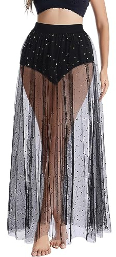Maeau - Jupe Longue en Maille Transparente pour Femme Paillettes Demi-Jupe en Dentelle Transparente Taille Haute Jupe Plissée Sexy Jupe Midi Clubwear - Noir - L