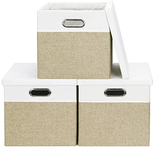 Febzoce Aufbewahrungsbox mit Deckel Faltbarer Stoff Aufbewahrungswürfel Korb Mülleimer Hellbraun/Weiß, Quadratisch, 33 x 33 x 33 cm, 3 Stück