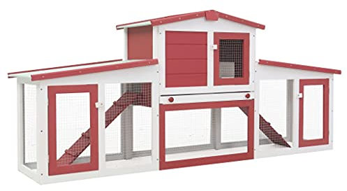 AUVYI Großer Kaninchenstall Rot und Weiß 204x45x85 cm Hühnergehege Außen Hühnerstall Winterfest Hühnerauslauf Kleintierkäfig Hasenkäfig DrAußen Hasenhaus für DrAußen lackiertes Tannenholz, Sperrholz
