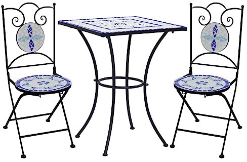 ULUYYUC Esszimmer-Sets für draußen Kleine Terrassenmöbel Veranda-Möbel-Sets3-tlg. Bistro-Set Mosaik Keramik Blau und Weißgeeignet für Gärten, Hinterhöfe, Balkone