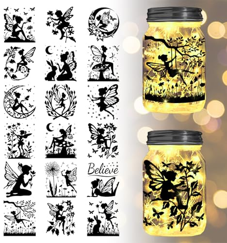 GLOBLELAND 18 Sheets Fairy Transfer Stickers 3.9x3.6inch Butterfly Fairy Decals Stickers Moon and Fairy Rub on Transfer for Furniture Vase Glass Mason Jars Decorations Art Crafts