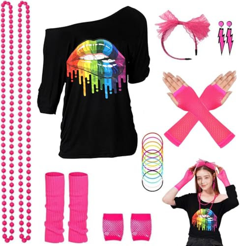 ELFIN 80er 90er Jahre Outfit Damen, T-Shirt, Stirnband, Ohrring, Halskette, Netzhandschuhe, Armband, Beinwärmer, 80er 90er Jahre Kostüm Aerobic Kleidung Mottoparty Accessoires Karneval, Schwarz-2, XL