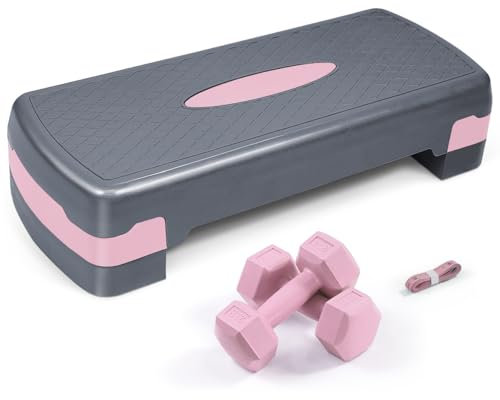 Adjustable Height Aerobic Stepper Set with 2 Dumbbells & Measuring Tape, Workout Exercise Step Platform w/Level Risers, Pink Grey, the Ultimate Gift for a Joyful Holiday and Merry Christmas