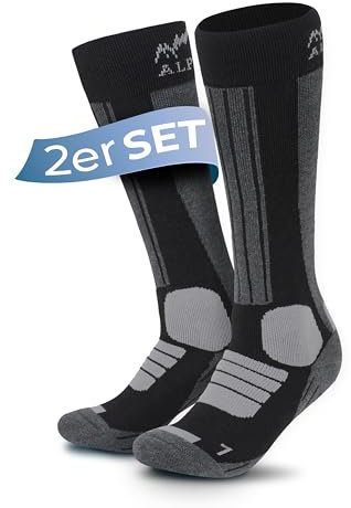 Alpenwert MERINO Skisocken [2 PAAR] für Herren, Damen und Kinder, 35-38, 39-42, 43-46 warme Skistrümpfe Wintersocken Skifahren/Snowboarden (DE/NL/SE/PL, Numerisch, 43, 47, Regular, Regular, Schwarz)