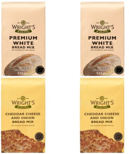 Cheddar & Onion Bread Mix 2X500g & White Bread Mix 2X500g – Easy Bread Baking Mix for Bread Maker & Oven – Just Add Water – Homemade Loaf, Rolls & Pizza Dough – No Artificial Flavours