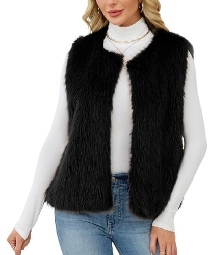 YuanDiann Gilet en fourrure synthétique pour femme - Automne - Hiver - Décontracté - Sans manches - Mode élégant - Col rond - Gilet en fourrure synthétique chaude - Cadeau pour femme, Noir , XXL