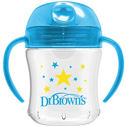 Dr. Brown’s Vaso de Aprendizaje para Bebés +6 Meses 180 ml – Taza de Transición Antigoteo con Boquilla Suave y Asas – Válvula que se Activa por Succión – Sin BPA – Azul Estrellas