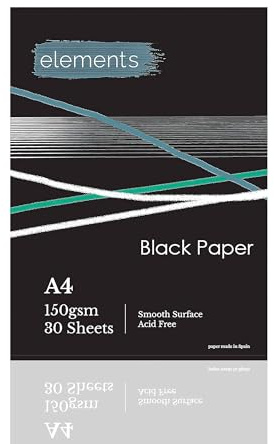 Elements Blocco da disegno A4 nero – Blocco da disegno A4 di carta nera, 150 g/m², 30 fogli, senza acidi, superficie liscia per supporti misti, grafite e matite colorate, carbone, pastelli ad olio,