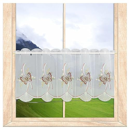 Halbtransparente Bistrogardine Schmetterlinge | Kurzgardine mit moderner Stickerei in Weiß, Gelb, Terra und Braun in edel-klassischem Design | Höhe x Breite 35 x 128 cm