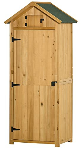 Outsunny Capanno da Giardino Piccolo in Legno, Casetta Porta Attrezzi Salvaspazio con 3 Mensole Rimovibili e Apertura sul Tetto, Tetto in Asfalto Impermeabile e Porta con Blocco, 77x54.2x179cm, Giallo