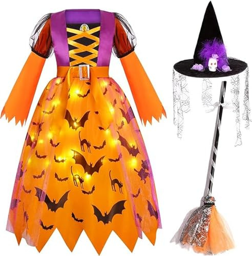 ZUCOS Déguisement de sorcière pour enfants avec lumières pour Halloween, pour fille, carnaval, cosplay, robe de princesse avec balai de sorcière et chapeau (jaune, 4-6 ans)