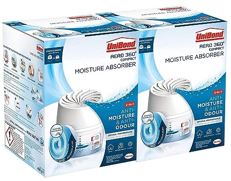 Unibond AERO 360 Compact Moisture Absorber Ultra-Absorbent Dehumidifier Helps to Prevent Condensation Mould and Musty Smells, 1 Device incl. 1 Refill Tab 450g in each box, Bulk Buy 2 Pack