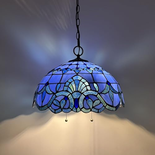 enjoy decor lamps Stained Glass Pendant Lights Fixture Blue Baroque Style Hanging Lamp LED Bulbs Included for Dining Room Living Room 16”W*16”D*75”H