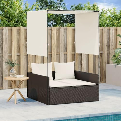 Wenjingqi-4002756 Doppelliege mit Dach und Vorhängen, Polyrattan, Braun