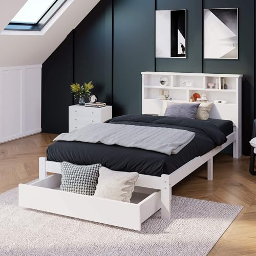 MQGPM Bett 90x200cm, Einzelbett Holzbett mit Schubladen und Stauraum-Kopfteil, Stauraumbett Bettgestell mit Lattenrost und Holzbettbeine, für Schlafzimmer und Gästezimmer, Ohne Matratze, Weiß