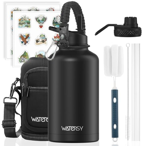 WATERSY Stainless Steel Vacuum Insulated Water Bottle 64oz, Drink Flask Metal Water Bottles 1890ml with 2 Lids Leakproof (Straw Lid and Spout Lid) Keep 24 Hours Cold Drinks for Sport, Work, Travel