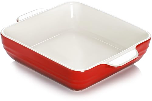 NUTRIUPS 8x8 inch Square Baking Dish, 1.5L Ceramic Baking Pan with Handles, Casserole Dish for Oven, Porcelain Bakeware (Gradient Red)
