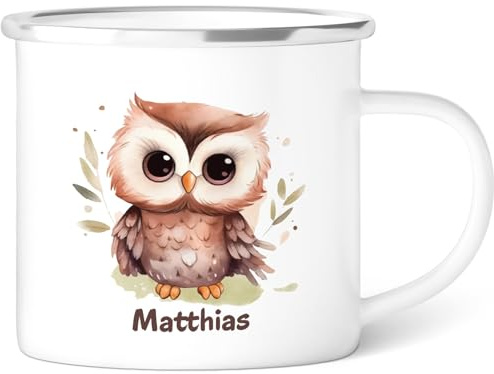 GRAVURZEILE Emaille Tasse für Kinder - Tiere Eule - Personalisiert mit Namen - versch. Tiermotive zur Auswahl - 300 ml - Trinkbecher für Kinder - Geschenk für Jungen & Mädchen