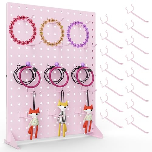 VACONICO Peg Board Display Stand with 15 Hooks, Desk Metal Pegboard Shelf for Craft Shows & Fairs, Retail Stores, Vendors Arts and Crafts Finishing - 17x13Inch & Pink