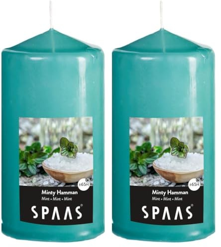 Spaas 0004800.191 Vela Pilar Cilindro 80, 65 Horas-Minty Hammam, Cera de parafina, Verde Esmeralda, D 80 mm x H 150 mm (Paquete de 2)