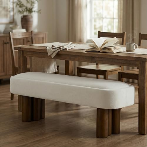Merax 51.5 Indoor Fabric Dining Bench with Walnut-Finished Rubberwood Legs – Upholstered Seating Bench for Kitchen, Dining Room or Living Space, Supports Up to 250 lbs,Beige
