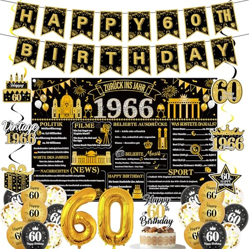 60 Geburtstag Deko Mann Frau - 30 StüCk Schwarzes Gold Banner Hintergrund Ballon Kuchen Tortendek Luftballon HäNgende Wirbel FüR 60 Jahre Party Geburtstagdeko Geburtstagsparty
