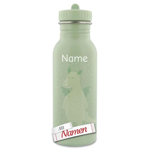Trixie Kinder Trinkflasche mit Gravur, Drache Mr. Dragon - mit Namen graviert, Edelstahl 500 ml, auslaufsicher, matt, rund, mit Tragekordel, für Schule Reisen Zuhause