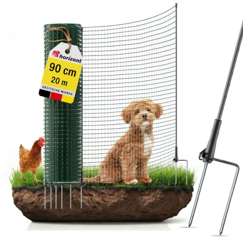 horizont Hundezaun 20 m x 90 cm, 12 Pfähle mit Doppelspitze, engmaschig | Begrenzungszaun FIX, Gartenzaun zum Stecken, Weidezaun, Hühnerzaun, Mobiler Zaun für Hunde & Camping