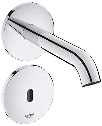 GROHE Essence E Infra-Red Electronic Wall Basin Tap without Mixing Device (for Cold or Premixed water, 7 Pre-Set Programs, Auto Flush, 3/8 Inch Tails), Chrome, 36447000