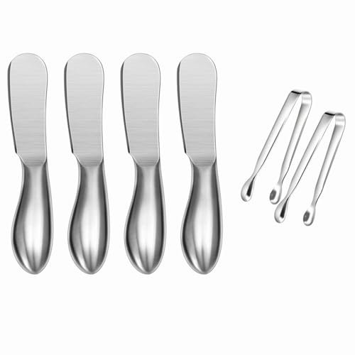 Sweetfamily - Set di 4 spatole per formaggio e 2 mini pinze da portata, in acciaio inox 304, per uso alimentare