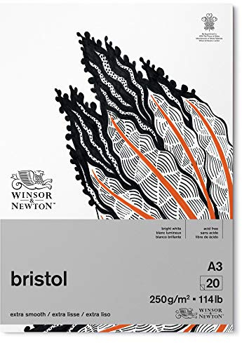 Winsor & Newton 6661546 Bristol Zeichenpapier im Block - 20 Blatt DIN A3, 250g/m², kopfgeleimt, strahlend weißes Papier für Zeichnungen mit technischen Stiften, Finelinern, Tusche, Markern, Airbrush