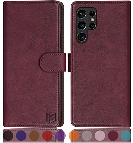 SUANPOT [RFID Schutz für Samsung S22 Ultra hülle PU Leder handyhülle Lederhülle klapphülle Kartenfach Flip Phone Case Cover für Samsung S22 Ultra handyhülle Rotwein