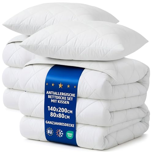 Amazinggirl Bettdecken Set 2 Stück 140x200 Ganzjahresbettdecken mit 2 Kissen 80x80 – Weiche atmungsaktive klimaregulierende Steppbettdecken für Allergiker, Oeko-Tex Zertifiziert, waschbar