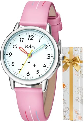 KDM Klockor för pojkar flickor analog Kvarts 30mm Barnens klocka Tid Lärare klockor Vattentät Armbandsur Läderrem, Presenter till barn 3-12 år, rosa