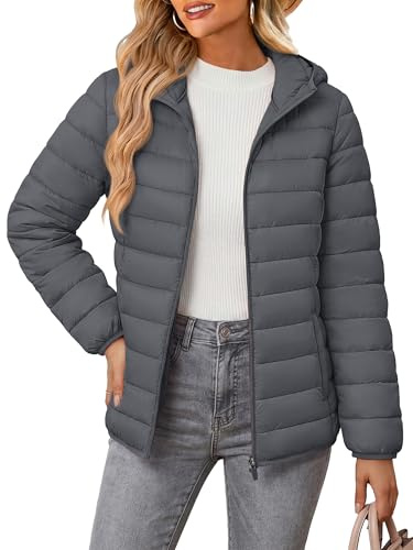MAGCOMSEN Womens Quilted Jacket with Hood Lightweight Puffer Padded Coat with Inner Pocket Winter Zip-up Outerwear, Dark Grey S