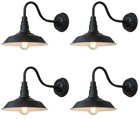 Moddeny 4 Pezzi Applique da parete per esterni impermeabile IP54 vintage Lampada da parete per esterni a collo d'oca in ferro da 9,8 pollici Lampada da parete per fienile da parete nera per garage